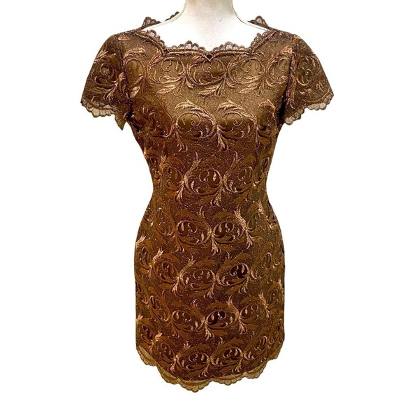 Rimini Dresses & Skirts - Rimini by Shaw bronze metallic embroidered short sleeve dress scalloped hems 8